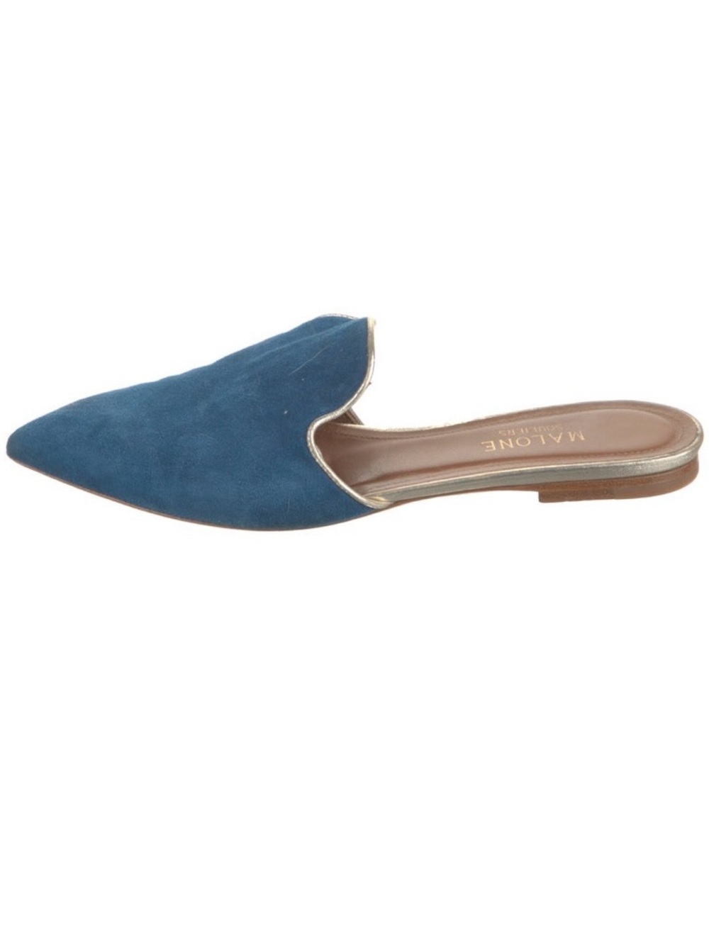 Malone Souliers Teal Suede Pointed Mule with Metallic Trim